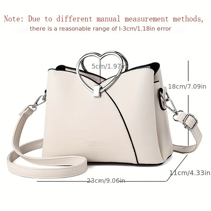 Metal Heart Shaped Handle Crossbody Bag, Solid Color PU Leather Textured Bag Purse, Classic Versatile Fashion Shoulder Bag