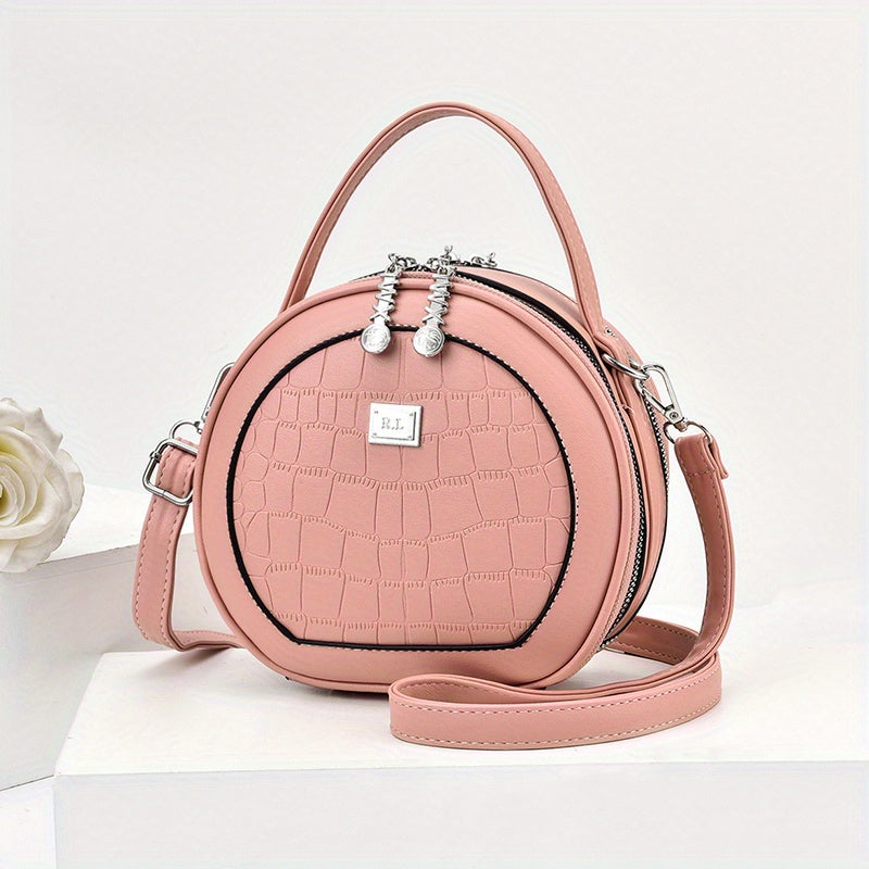 realaiot  Small Circular Crossbody Bag, PU Leather Shoulder Bag For Women, Fashion Zipper Handbag