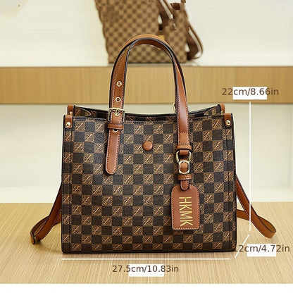 realaiotCheckerboard Pattern Retro Tote Bag, Large Capacity Shoulder Bag With Letter Pattern Strap, Women's Versatile Top Handle Crossbody Bag