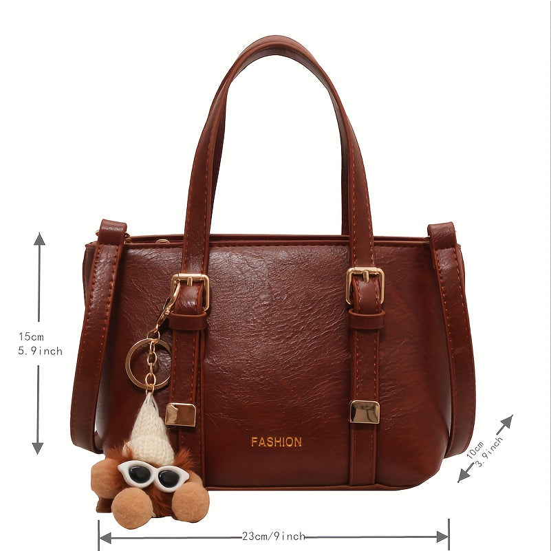 Stylish Pompom Pendant Tote Bag, Simple PU Leather  Solid Color Shoulder Bag, Perfect Women Crossbody Bag For Daily Use