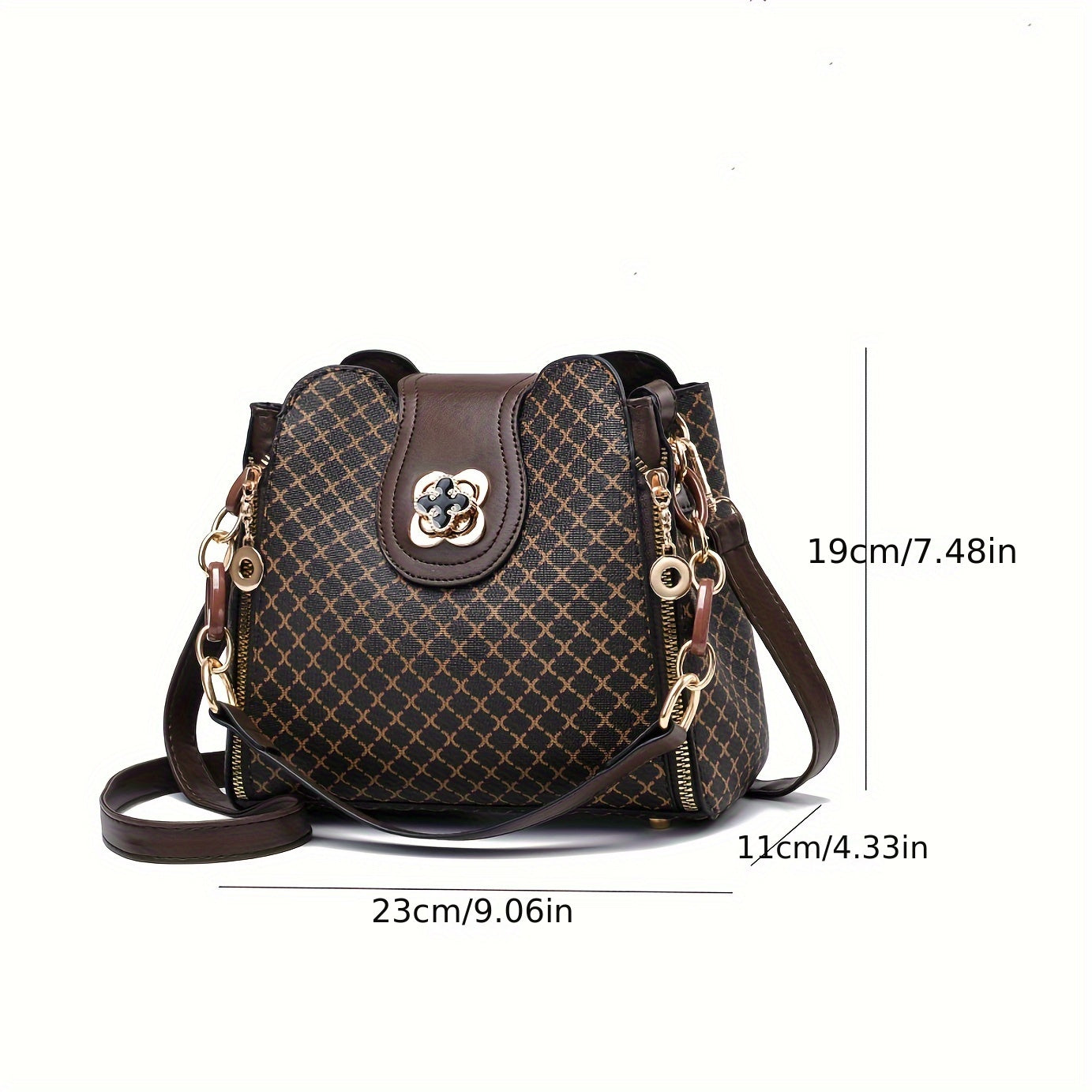 Geometric Pattern Crossbody Bag, Women's Flower Buckle Bucket Bag, Retro Chain Handbag & Purse