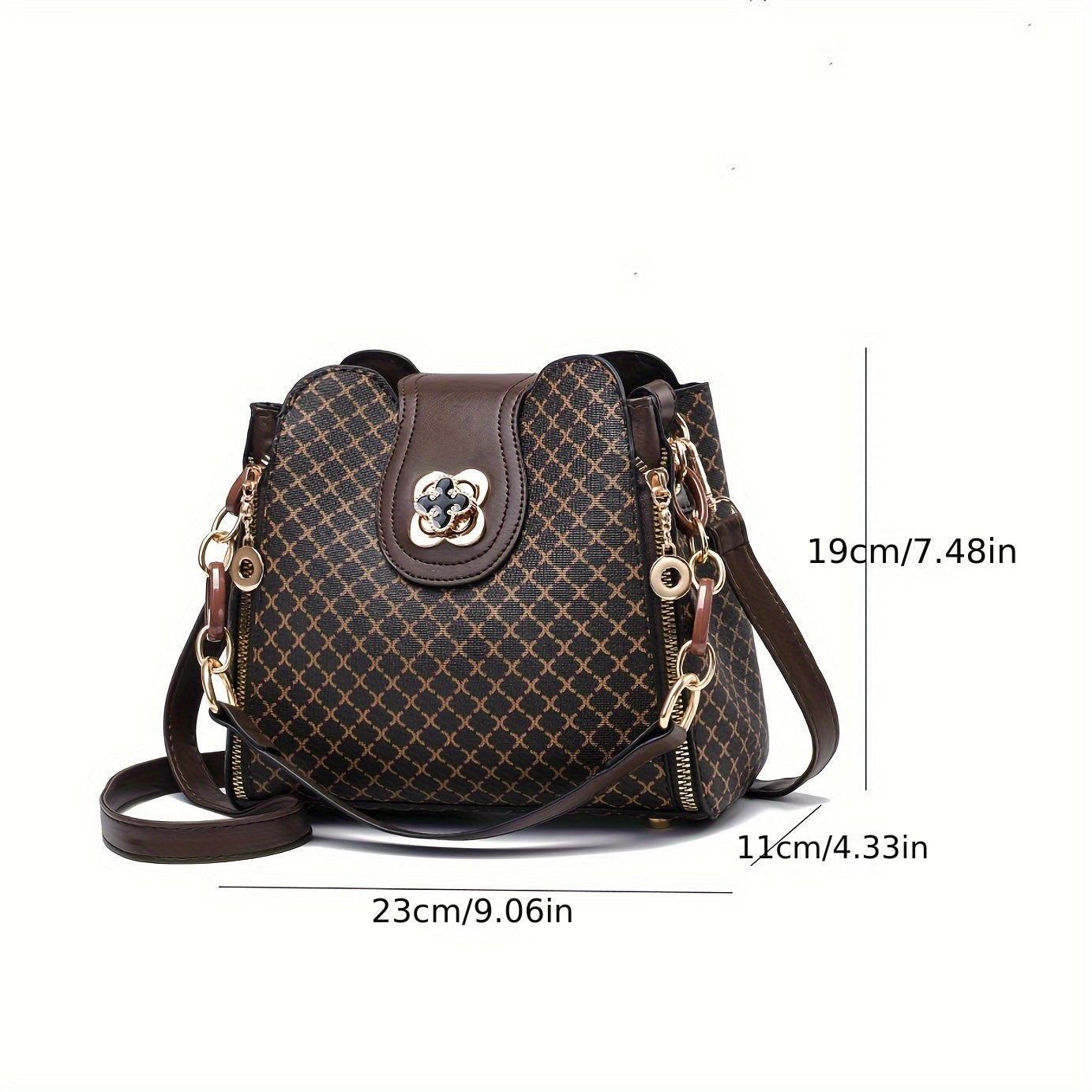 realaiot  Geometric Pattern Crossbody Bag, Women's Flower Buckle Bucket Bag, Retro Chain Handbag & Purse