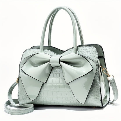 Trendy Crocodile Pattern Bow Tote Bag, All-match Solid Color Multi-pocket Shoulder Bag, Perfect Handbag For Commuting