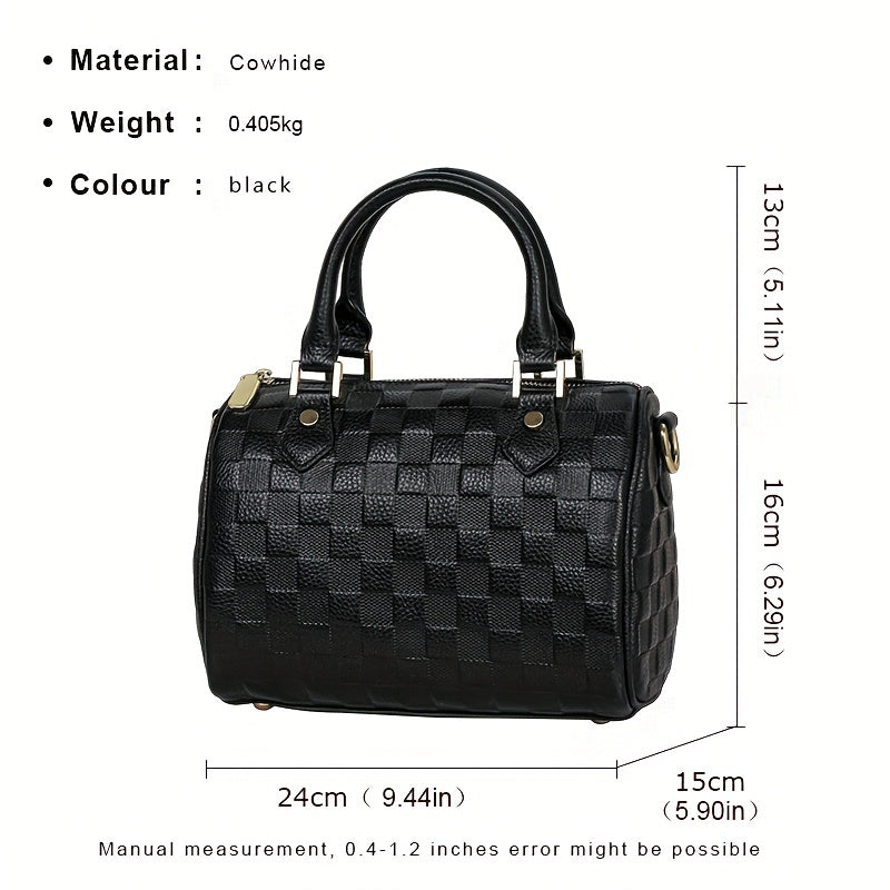 realaiot Plaid Embossed Boston Handbag, Genuine Leather Crossbody Bag, Luxury Purse With Top Handle For Women