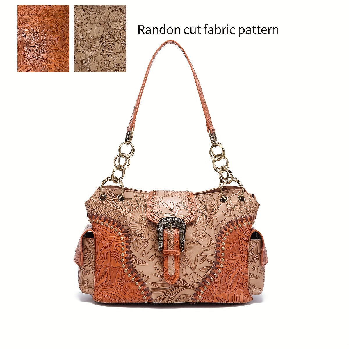 realaiot  Retro Floral Embossed Underarm Bag With Rivet And Buckle, Side Pocket Lightweight Satchel Bag, Top Handle Zipper Commuting Bag For Women