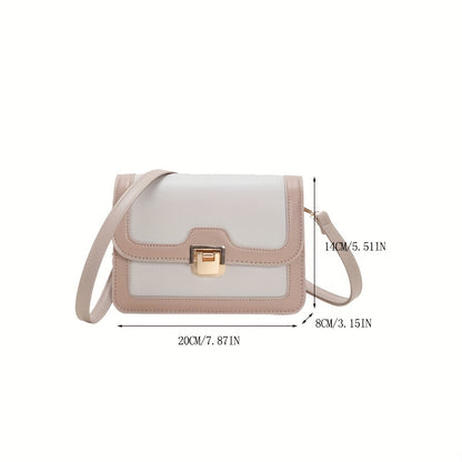 realaiot  Faux Leather Flap Shoulder Bag, Color Block Two Tone Square Bag, Contrast Binding Buckle Crossbody Bag