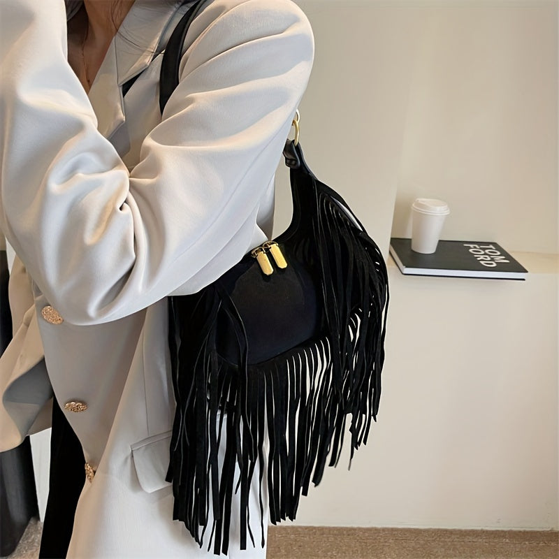 Retro Tassel Shoulder Bag, Bohemian Suede Crescent Bag, Trendy Fringed Handbag For Women