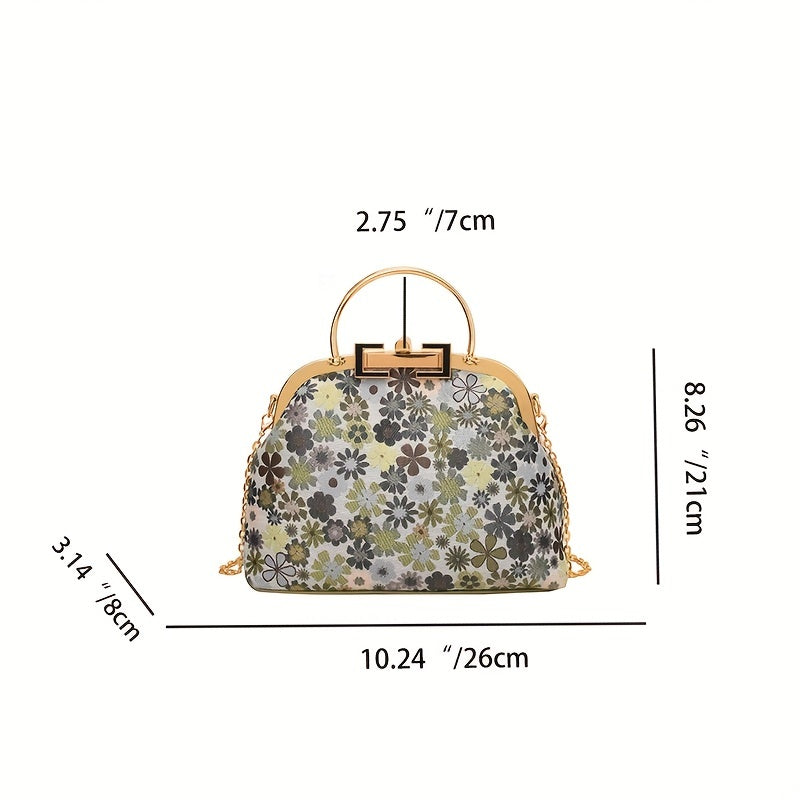 Vintage Flower Graphic Handbag, Top Ring Clip Purse For Women, Elegant Chain Crossbody Bag