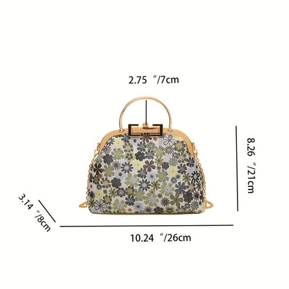 Vintage Flower Graphic Handbag, Top Ring Clip Purse For Women, Elegant Chain Crossbody Bag