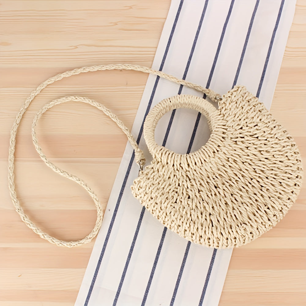 realaiot  Half-Round Woven Straw Bag, Women's Summer Crossbody Bag, Casual Beach Handbag For Holiday