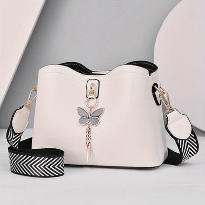 realaiot Butterfly Decor Bucket Bag, Geometric Strap Crossbody Bag, Women's Faux Leather Shoulder Bag (9.1*7.1*4.3) Inch