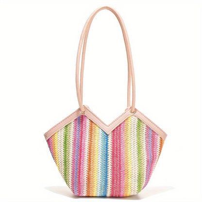 realaiot  Striped Straw Shoulder Bag, Rainbow Design Summer Beach Bag, Women's Woven Holiday Style Handbag