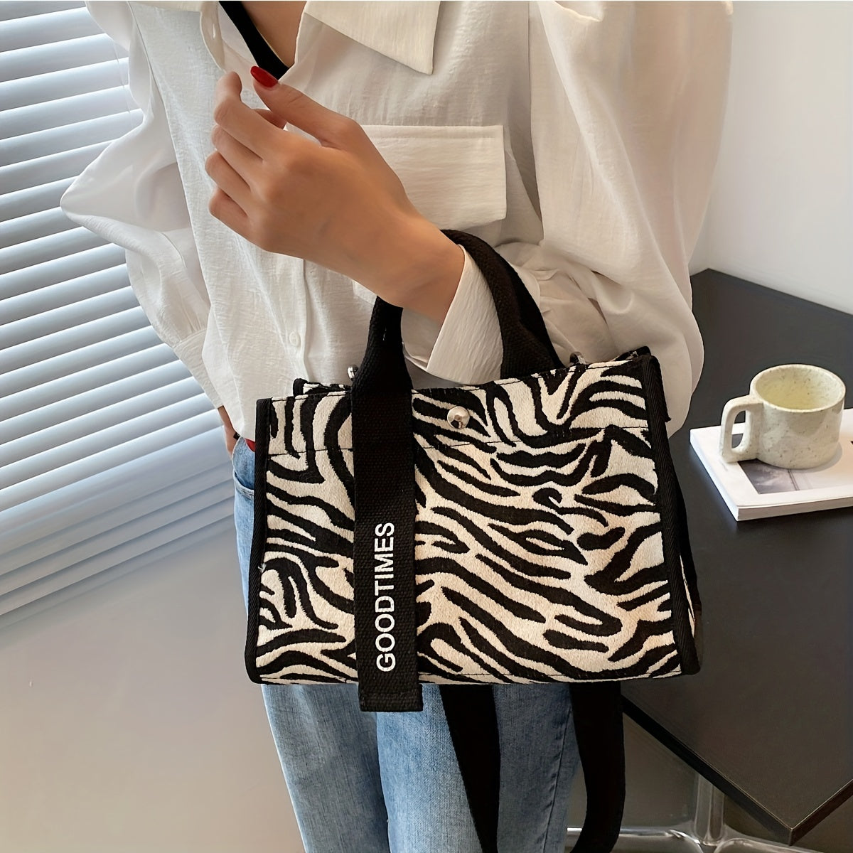 realaiot  Fashion Zebra Print Tote Bag, Trendy Canvas Crossbody Bag, Women's Casual Handbag, Shoulder Bag & Purse