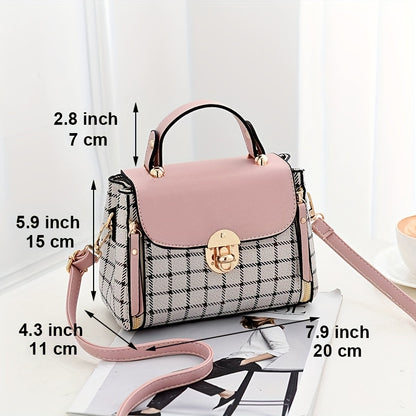 realaiot  Plaid Pattern Portable Handbag, Faux Leather Flap Shoulder Bag, Fashion Adjustable Strap Crossbody Bag