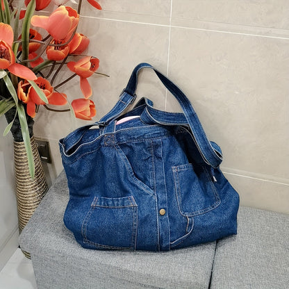 realaiot  Simple Denim Design Shoulder Bag, All-Match Large Capacity Bag, Women's All-Match Bag