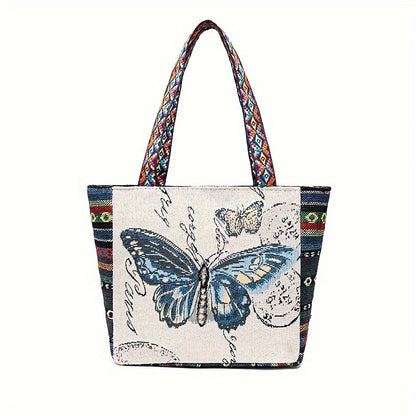 realaiot  New Ethnic Style Shoulder Bag, Butterfly Elephant Pattern Casual Travel Storage Tote Bag For Women