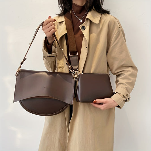 Vintage Minimalist Saddle Bag, Solid Color Shoulder Bag With Crossbody Bag, All-Match Bag Sets