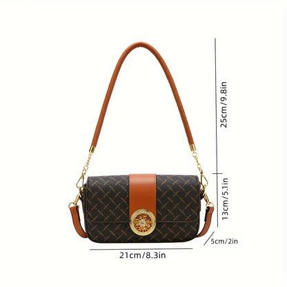 realaiot  Retro Letter Print Shoulder Bag, Fashion Square Crossbody Bag, Women's PU Leather Flap Purse