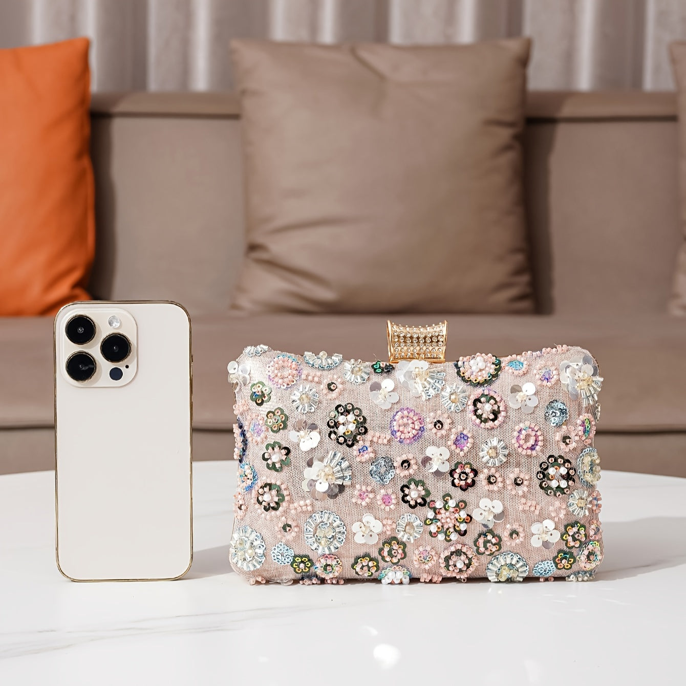 realaiot  Classic Niche Sequins Flower Decor Mini Evening Clutch Bag, Retro Style Elegant Square Dinner Clip Wallet For Women For Music Festival