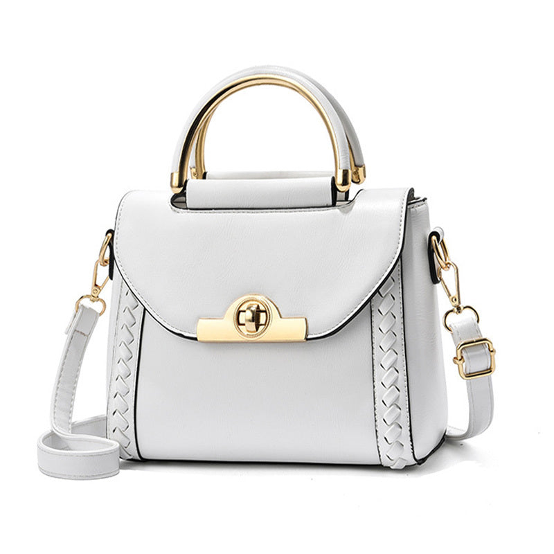 Elegant Buckle Decor Handbag, Women's Solid Color Crossbody Bag, Braided Details Flap Purse For Work