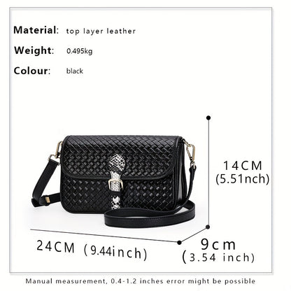 Luxury Woven Crossbody Bag For Women, Genuine Leather Shoulder Bag, Snakeskin Buckle Decor Square Purse