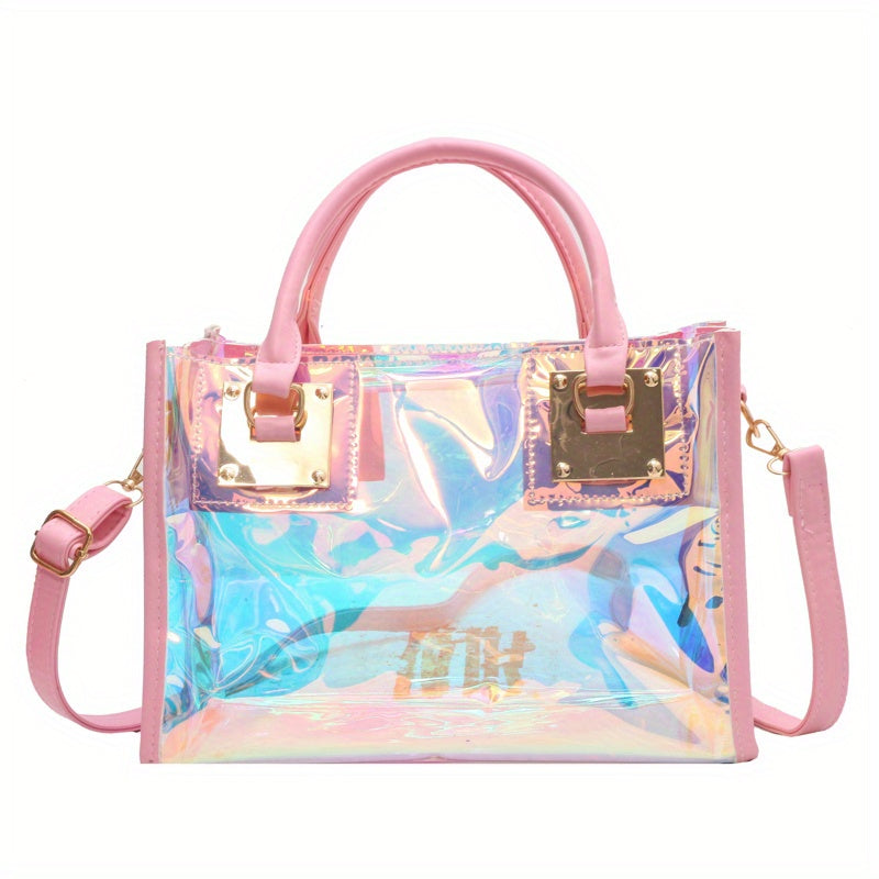 Stylish Holographic Tote Satchel Bag, Trendy Handbag, Versatile Travel Storage Bag