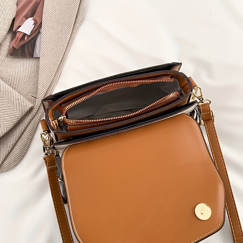 Classic Colorblock Square Shoulder Bag, Trendy Flap Underarm Bag With Scarf Decor For Women