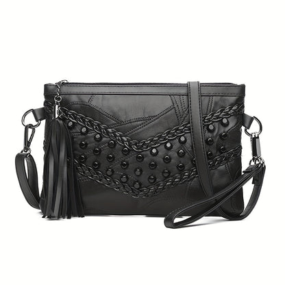 Studded Decor Crossbody Bag, Gothic Black Shoulder Bag, Trendy Wrist Clutch Purse With Tassel