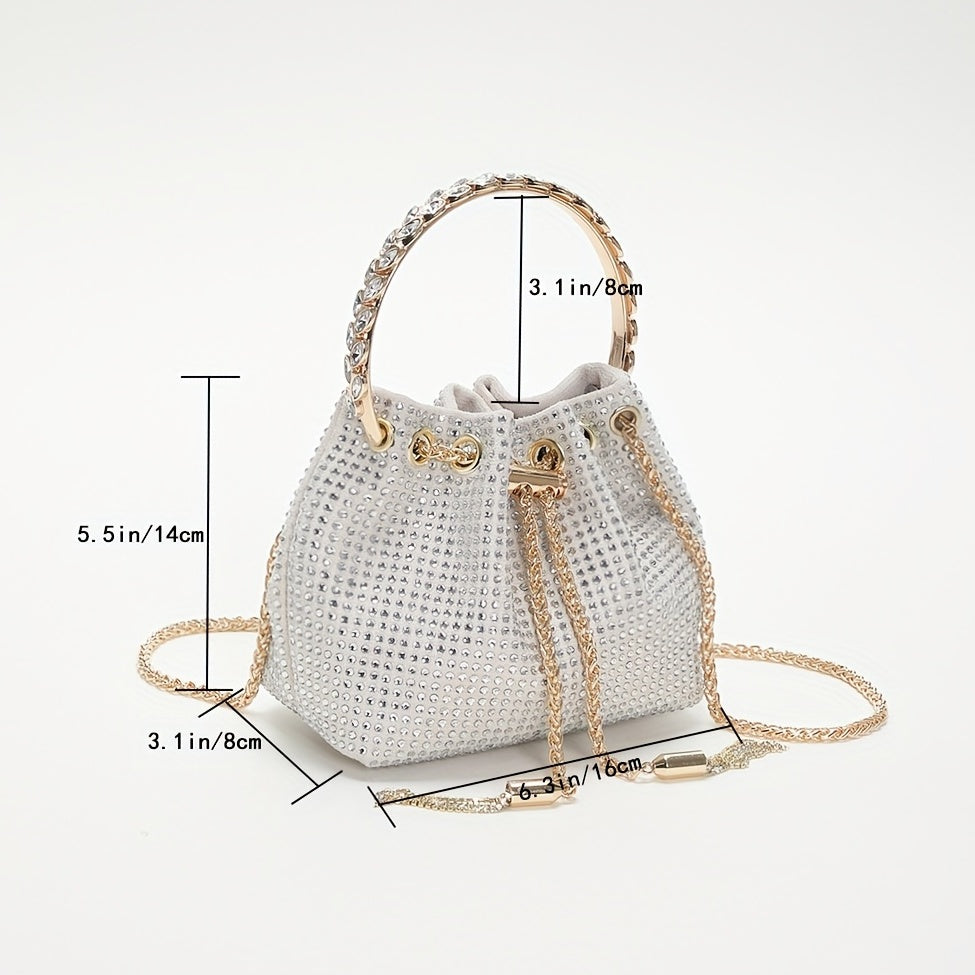 realaiot  Rhinestone Bucket Bag, Women's Top Ring Clutch Purse, Drawstring Crossbody Bag For Evening Prom Wedding Best Gifts for Carnaval