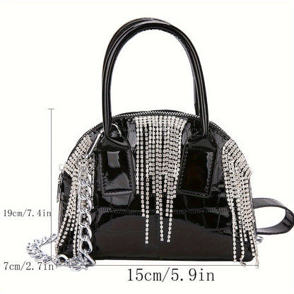 realaiot French Style Niche Handbag, Crocodile Pattern Satchel Bag With Tassel Decor, Crossbody Chain Bag