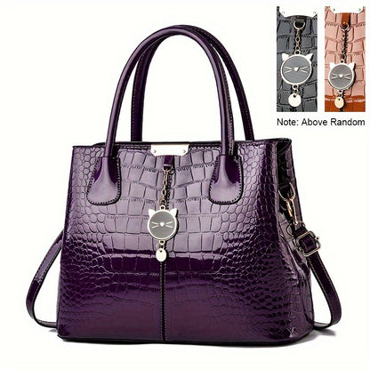 realaiot  Crocodile Pattern Handbag, Stylish Glossy Crossbody Bag, Women's Top Handle Satchel Purse