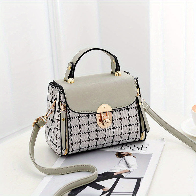 realaiot  Plaid Pattern Portable Handbag, Faux Leather Flap Shoulder Bag, Fashion Adjustable Strap Crossbody Bag