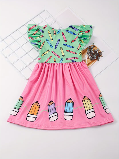 Toddler Girls Ruffle Trim Colorful Crayon Graphic Princess Dress For Back To School Season Party, Cute Kids Summer Clothes