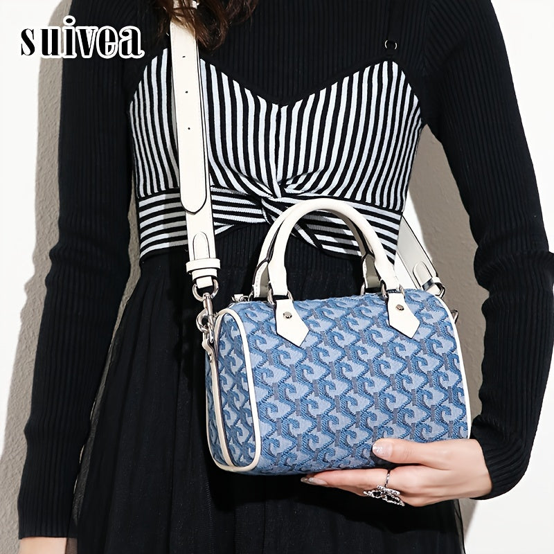 Western Style Blue Geometric Pattern Boston Handbag, Classic Versatile Zipper Satchel Bag For Women