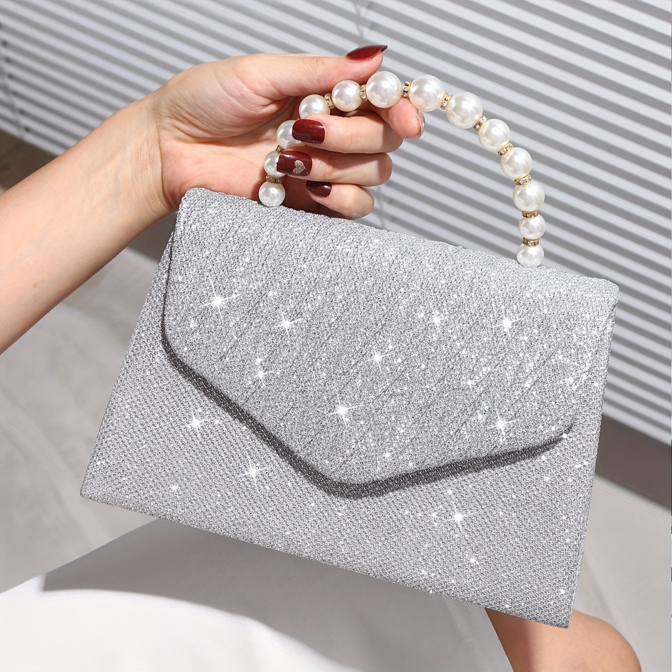 realaiot  Luxury Glitter Pleated Evening Bag, Elegant Faux Pearl Handle Clutch Purse, Women's Dress Handbag For Wedding Party Prom Banquet