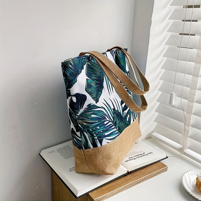 realaiot  Tropic Pattern Tote Bag, Holiday Summer Beach Bag Travel Bag For Vacation, Canvas Large Capacity Shopping Bag