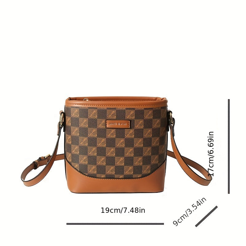 realaiot  Mini Checkered Bucket Bag, Retro Color Contrast Crossbody Bag, Women's Shoulder Purse With Zipper