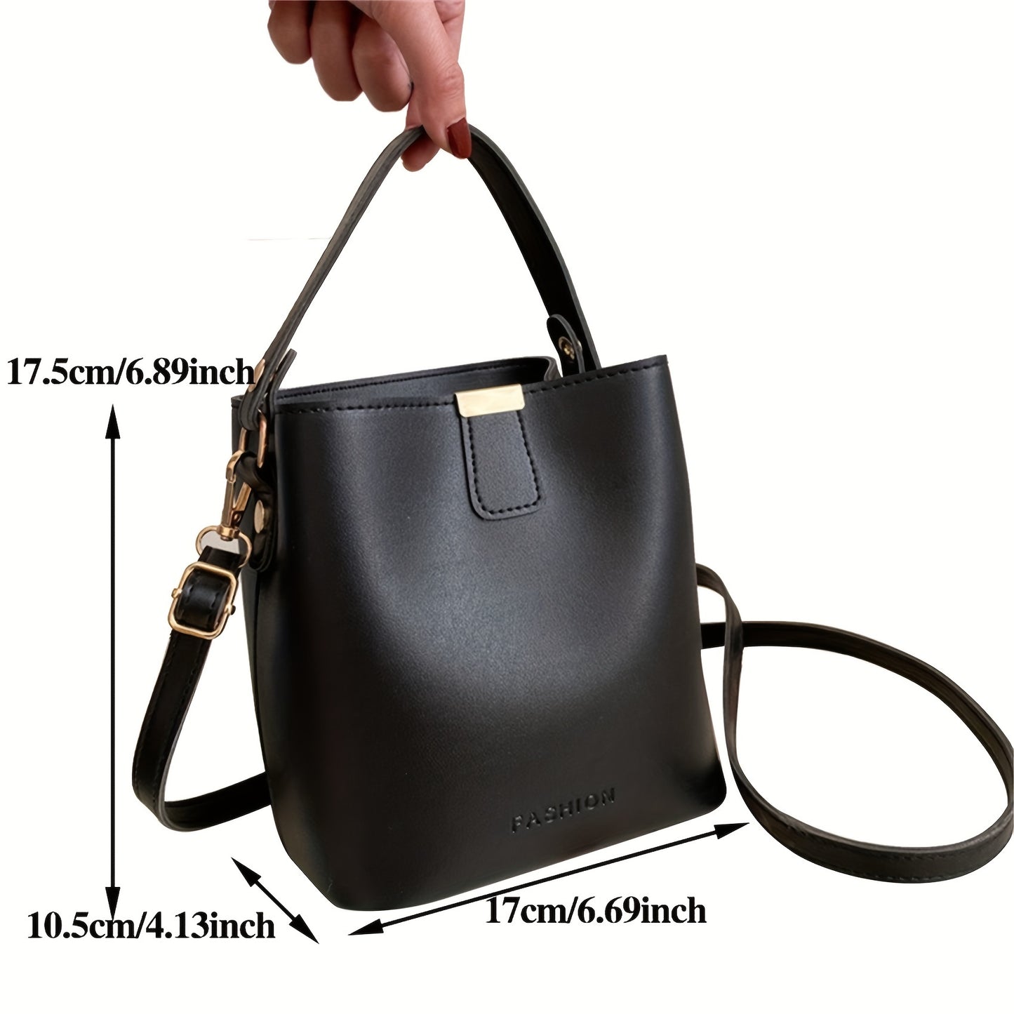 realaiot  Solid Color Bucket Bag For Women, Trendy PU Leather Handbag, Retro Mini Crossbody Purse