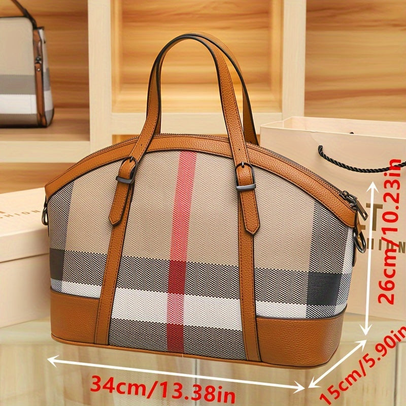 realaiot  Plaid Pattern Large Capacity Bag, Women's New Shoulder Bag, Trendy Briefcase, Document Bag