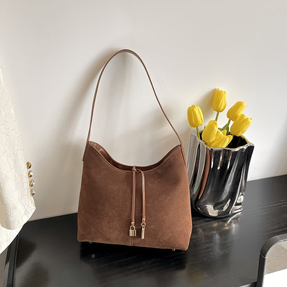 realaiot  Retro Solid Color Tote Bag, Stylish Faux Suede Shoulder Bag, Autumn Winter Underarm Bag For Women