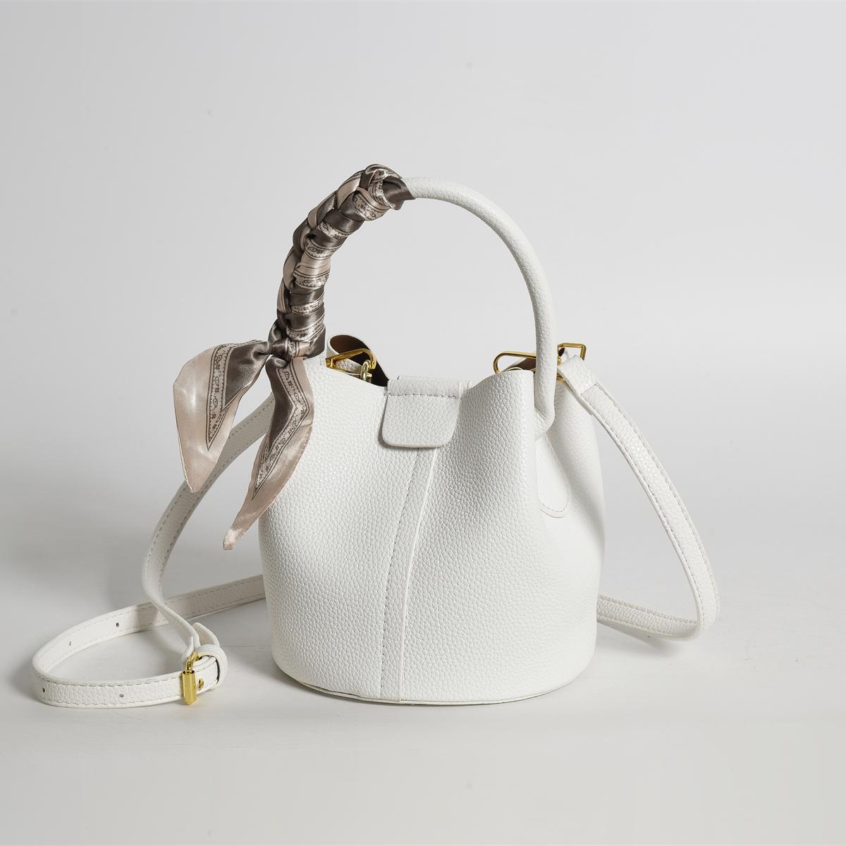 realaiot Litchi Embossed Top Handle Bucket Bag, Twilly Scarf Decor Crossbody Bag With Inner Pouch