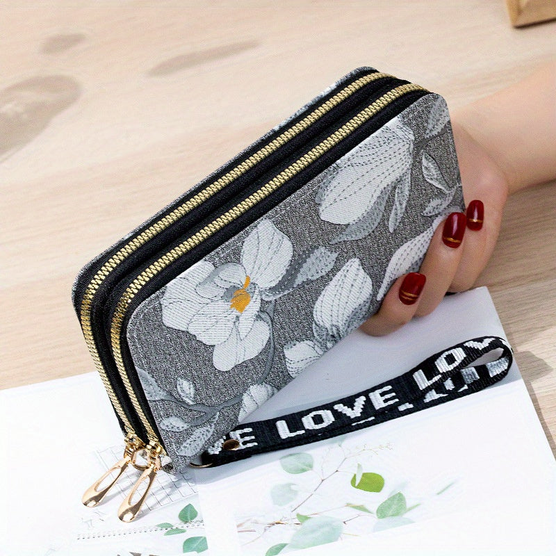 realaiot Flower Embroidery Long Wallet, Fashion Zipper Clutch Purse, Women's Phone Bag With Card Slots