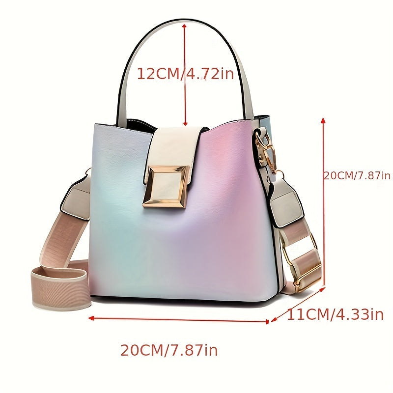 realaiot  Fashion Ombre Bucket Handbags, Buckle Decor Crossbody Bag, Wide Strap Shoulder Purses