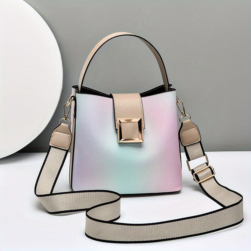 realaiot  Fashion Ombre Bucket Handbags, Buckle Decor Crossbody Bag, Wide Strap Shoulder Purses