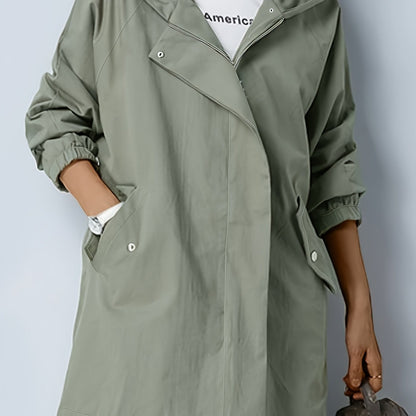 realaiot  Plus Size Casual Trench Coat, Women's Plus Solid Long Sleeve Zip Up Snap Buttons Lapel Collar Tunic Trench Coat With Pockets