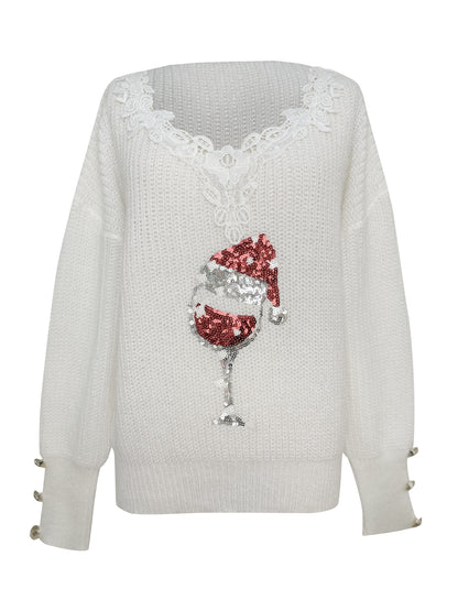 Women'S Christmas Lace Trim Sparkling Embroidery Wine Glass Celebration Button Sweater