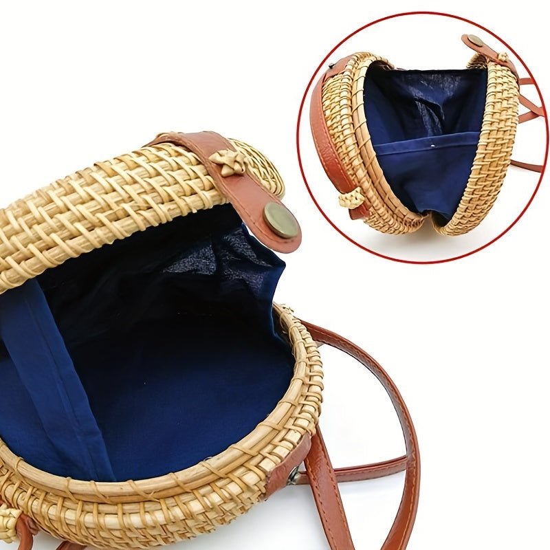 Mini Rattan Woven Round Bag, Boho Style Square Beach Bag, Fashion Straw Braided Crossbody Purses (18.01x7.01cm)
)