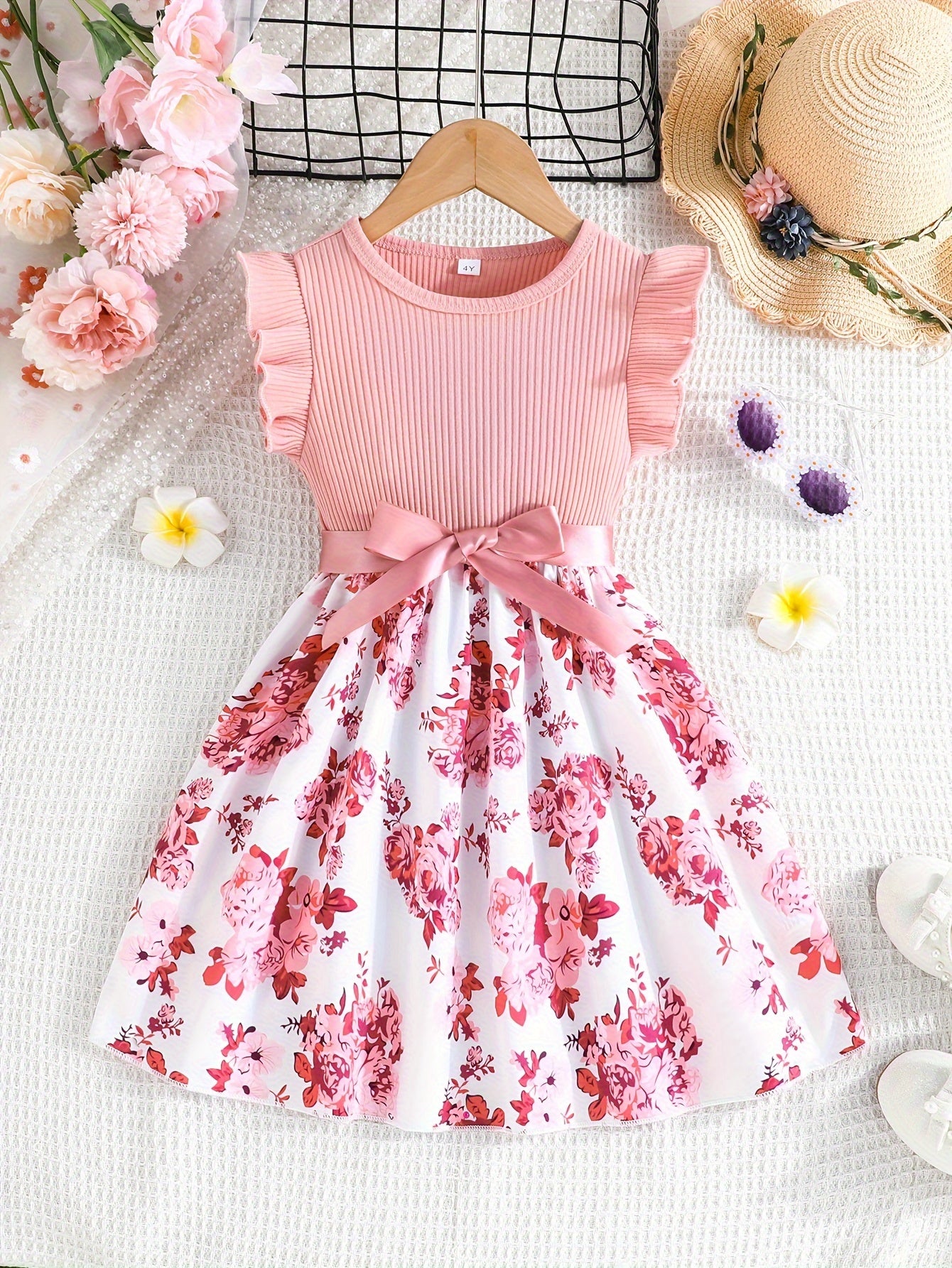 Charming Sweet Girls Floral Spliced Dress - Soft 93% Cotton, Perfect for Summer Parties & Gifts