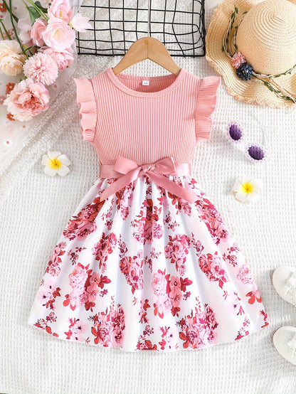 Charming Sweet Girls Floral Spliced Dress - Soft 93% Cotton, Perfect for Summer Parties & Gifts