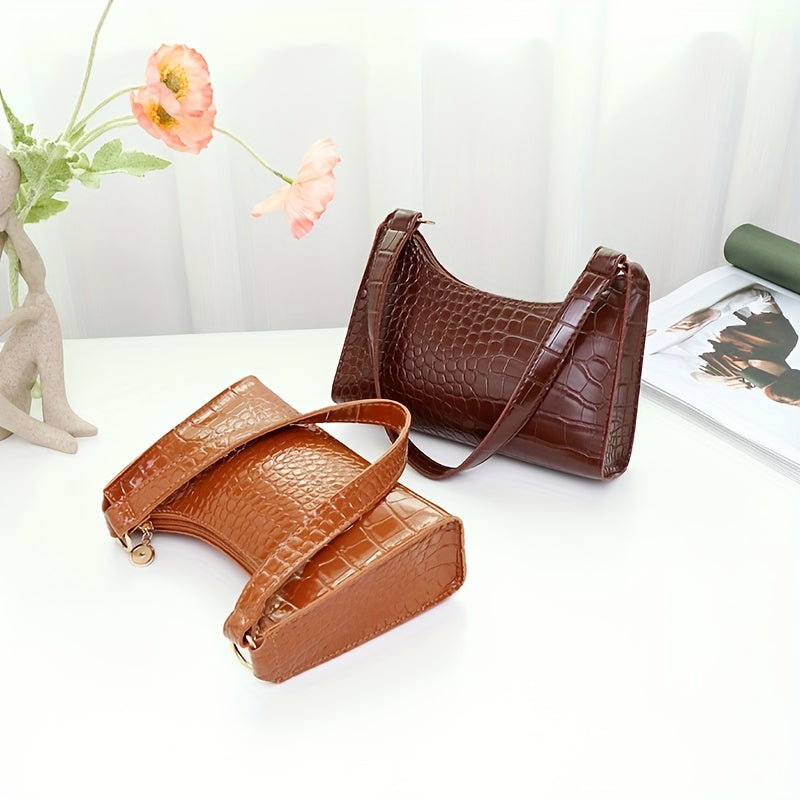 realaiot  Crocodile Pattern Underarm Bag, Stylish PU Leather Handbag, Solid Color Shoulder Bag